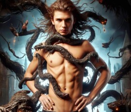 AI-generated wizards of the serpent house — handsome shirtless mages of the wizard academy conjuring demonic snakes in dark cinematic UHD fantasy art.