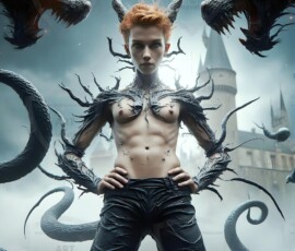 AI-generated wizards of the serpent house — handsome shirtless mages of the wizard academy conjuring demonic snakes in dark cinematic UHD fantasy art.