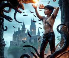AI-generated wizards of the serpent house — handsome shirtless mages of the wizard academy conjuring demonic snakes in dark cinematic UHD fantasy art.
