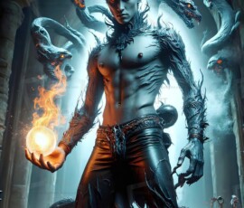 AI-generated wizards of the serpent house — handsome shirtless mages of the wizard academy conjuring demonic snakes in dark cinematic UHD fantasy art.