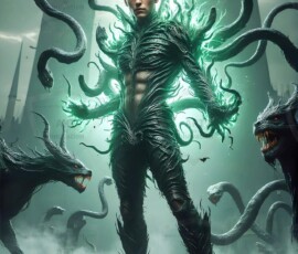 AI-generated wizards of the serpent house — handsome shirtless mages of the wizard academy conjuring demonic snakes in dark cinematic UHD fantasy art.