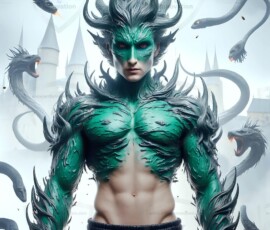 AI-generated wizards of the serpent house — handsome shirtless mages of the wizard academy conjuring demonic snakes in dark cinematic UHD fantasy art.