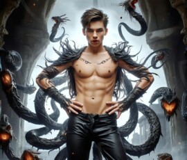 AI-generated wizards of the serpent house — handsome shirtless mages of the wizard academy conjuring demonic snakes in dark cinematic UHD fantasy art.