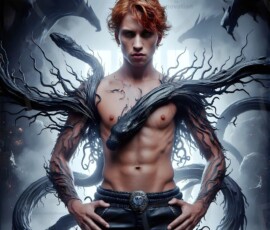 AI-generated wizards of the serpent house — handsome shirtless mages of the wizard academy conjuring demonic snakes in dark cinematic UHD fantasy art.