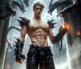 AI-generated wizards of the serpent house — handsome shirtless mages of the wizard academy conjuring demonic snakes in dark cinematic UHD fantasy art.