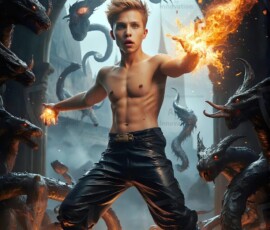 AI-generated wizards of the serpent house — handsome shirtless mages of the wizard academy conjuring demonic snakes in dark cinematic UHD fantasy art.