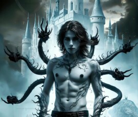 AI-generated wizards of the serpent house — handsome shirtless mages of the wizard academy conjuring demonic snakes in dark cinematic UHD fantasy art.