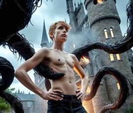 AI-generated wizards of the serpent house — handsome shirtless mages of the wizard academy conjuring demonic snakes in dark cinematic UHD fantasy art.