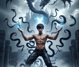 AI-generated wizards of the serpent house — handsome shirtless mages of the wizard academy conjuring demonic snakes in dark cinematic UHD fantasy art.