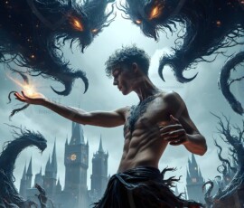AI-generated wizards of the serpent house — handsome shirtless mages of the wizard academy conjuring demonic snakes in dark cinematic UHD fantasy art.