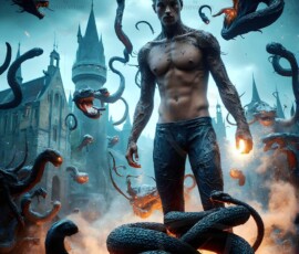 AI-generated wizards of the serpent house — handsome shirtless mages of the wizard academy conjuring demonic snakes in dark cinematic UHD fantasy art.