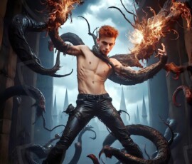 AI-generated wizards of the serpent house — handsome shirtless mages of the wizard academy conjuring demonic snakes in dark cinematic UHD fantasy art.