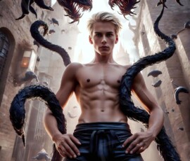 AI-generated wizards of the serpent house — handsome shirtless mages of the wizard academy conjuring demonic snakes in dark cinematic UHD fantasy art.
