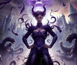AI-generated wizards of the serpent house — handsome shirtless mages of the wizard academy conjuring demonic snakes in dark cinematic UHD fantasy art.