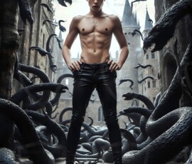 AI-generated wizards of the serpent house — handsome shirtless mages of the wizard academy conjuring demonic snakes in dark cinematic UHD fantasy art.