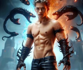 AI-generated wizards of the serpent house — handsome shirtless mages of the wizard academy conjuring demonic snakes in dark cinematic UHD fantasy art.