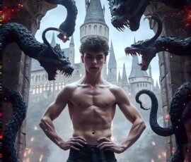 AI-generated wizards of the serpent house — handsome shirtless mages of the wizard academy conjuring demonic snakes in dark cinematic UHD fantasy art.