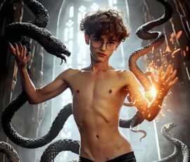 AI-generated wizards of the serpent house — handsome shirtless mages of the wizard academy conjuring demonic snakes in dark cinematic UHD fantasy art.