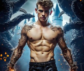 AI-generated wizards of the serpent house — handsome shirtless mages of the wizard academy conjuring demonic snakes in dark cinematic UHD fantasy art.