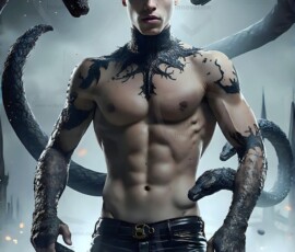 AI-generated wizards of the serpent house — handsome shirtless mages of the wizard academy conjuring demonic snakes in dark cinematic UHD fantasy art.