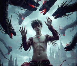 AI-generated wizards of the serpent house — handsome shirtless mages of the wizard academy conjuring demonic snakes in dark cinematic UHD fantasy art.