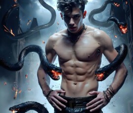 AI-generated wizards of the serpent house — handsome shirtless mages of the wizard academy conjuring demonic snakes in dark cinematic UHD fantasy art.