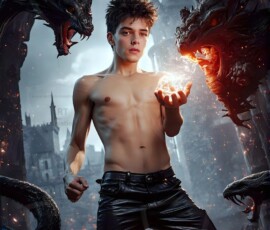 AI-generated wizards of the serpent house — handsome shirtless mages of the wizard academy conjuring demonic snakes in dark cinematic UHD fantasy art.