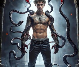 AI-generated wizards of the serpent house — handsome shirtless mages of the wizard academy conjuring demonic snakes in dark cinematic UHD fantasy art.