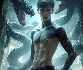 AI-generated wizards of the serpent house — handsome shirtless mages of the wizard academy conjuring demonic snakes in dark cinematic UHD fantasy art.