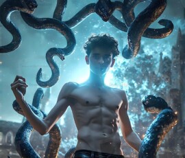 AI-generated wizards of the serpent house — handsome shirtless mages of the wizard academy conjuring demonic snakes in dark cinematic UHD fantasy art.