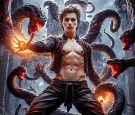 AI-generated wizards of the serpent house — handsome shirtless mages of the wizard academy conjuring demonic snakes in dark cinematic UHD fantasy art.