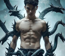 AI-generated wizards of the serpent house — handsome shirtless mages of the wizard academy conjuring demonic snakes in dark cinematic UHD fantasy art.