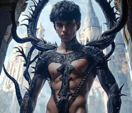 AI-generated wizards of the serpent house — handsome shirtless mages of the wizard academy conjuring demonic snakes in dark cinematic UHD fantasy art.