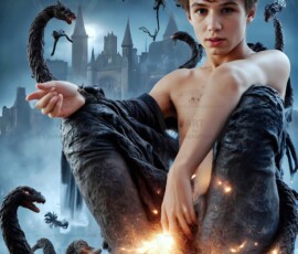 AI-generated wizards of the serpent house — handsome shirtless mages of the wizard academy conjuring demonic snakes in dark cinematic UHD fantasy art.