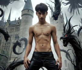 AI-generated wizards of the serpent house — handsome shirtless mages of the wizard academy conjuring demonic snakes in dark cinematic UHD fantasy art.
