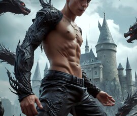 AI-generated wizards of the serpent house — handsome shirtless mages of the wizard academy conjuring demonic snakes in dark cinematic UHD fantasy art.