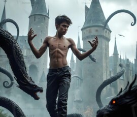 AI-generated wizards of the serpent house — handsome shirtless mages of the wizard academy conjuring demonic snakes in dark cinematic UHD fantasy art.
