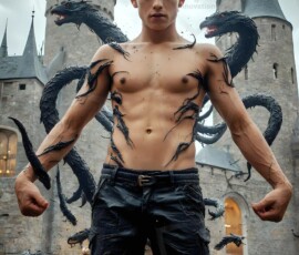 AI-generated wizards of the serpent house — handsome shirtless mages of the wizard academy conjuring demonic snakes in dark cinematic UHD fantasy art.