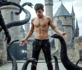 AI-generated wizards of the serpent house — handsome shirtless mages of the wizard academy conjuring demonic snakes in dark cinematic UHD fantasy art.