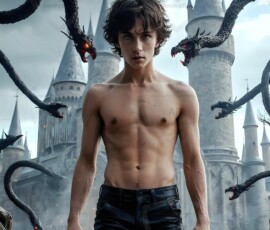 AI-generated wizards of the serpent house — handsome shirtless mages of the wizard academy conjuring demonic snakes in dark cinematic UHD fantasy art.