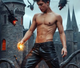 AI-generated wizards of the serpent house — handsome shirtless mages of the wizard academy conjuring demonic snakes in dark cinematic UHD fantasy art.