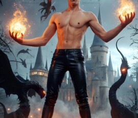 AI-generated wizards of the serpent house — handsome shirtless mages of the wizard academy conjuring demonic snakes in dark cinematic UHD fantasy art.