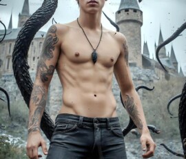 AI-generated wizards of the serpent house — handsome shirtless mages of the wizard academy conjuring demonic snakes in dark cinematic UHD fantasy art.