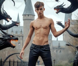 AI-generated wizards of the serpent house — handsome shirtless mages of the wizard academy conjuring demonic snakes in dark cinematic UHD fantasy art.