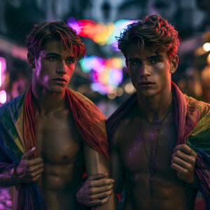 AI-generated Pride celebration art handsome men at vibrant LGBTQ+ Pride parades, embellished with rainbow colors, walking with pride, and celebrating love. By Jeff Dupler.