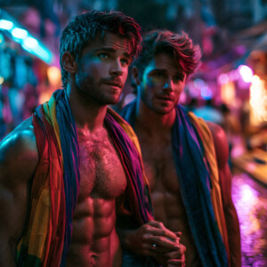 AI-generated Pride celebration art handsome men at vibrant LGBTQ+ Pride parades, embellished with rainbow colors, walking with pride, and celebrating love. By Jeff Dupler.