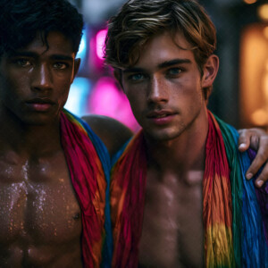 AI-generated Pride celebration art handsome men at vibrant LGBTQ+ Pride parades, embellished with rainbow colors, walking with pride, and celebrating love. By Jeff Dupler.