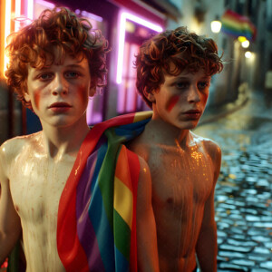 AI-generated Pride celebration art handsome men at vibrant LGBTQ+ Pride parades, embellished with rainbow colors, walking with pride, and celebrating love. By Jeff Dupler.