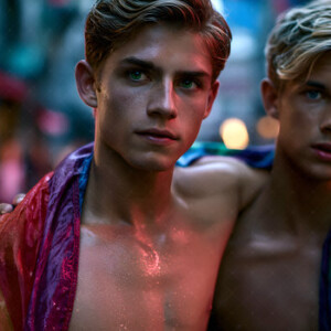 AI-generated Pride celebration art handsome men at vibrant LGBTQ+ Pride parades, embellished with rainbow colors, walking with pride, and celebrating love. By Jeff Dupler.