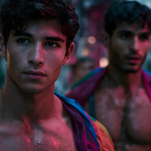 AI-generated Pride celebration art handsome men at vibrant LGBTQ+ Pride parades, embellished with rainbow colors, walking with pride, and celebrating love. By Jeff Dupler.